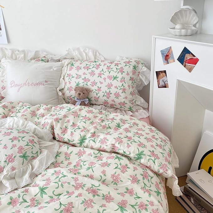 HighBuy Lace Ruffled Comforter Set Full Coquette Cottagecore White Pink Floral Bedding Comforter Cozy Soft with 2 Ruffle Pillowcases,Princess Quilted Comforters Fluffy Chic Skin Friendly