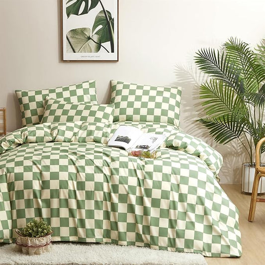 Houseri Green and White Plaid Comforter Set Twin Boys Girls Kids Sage Green Bedding Sets Twin Size Light Green Grid Comforters Soft Beige Green Buffalo Checkered Quilt Light Green Gingham Bed Twin