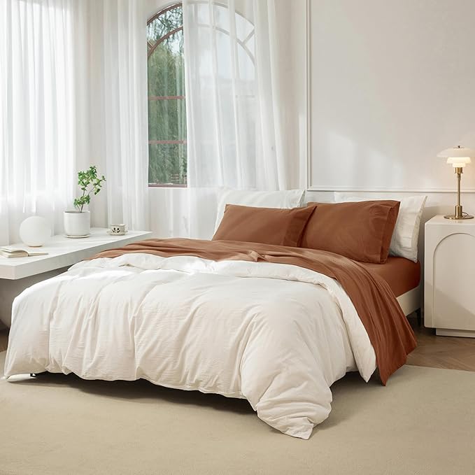 JIYUAN Queen Size Sheet Set, 4-Piece - 100% Washed Cotton, Linen-Like Soft & Breathable, Includes Deep Pocket Fitted & Flat Sheet with 2 Pillowcases, Hotel Quality, Solid Dark Orange