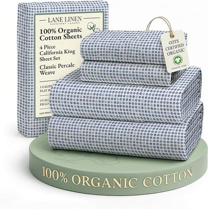 LANE LINEN 100% Organic Cotton Printed California King Size Bedding Sheets & Pillowcases Set -Soft & Comfy Breathable Percale Sheet Seasons, 15" Deep Pocket Printed Cal King Sheet - Polka Dot