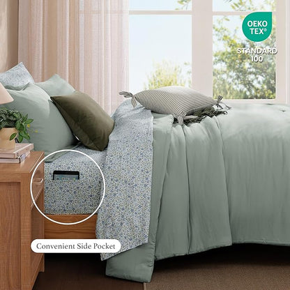 Monbix Full Size Comforter Set - 7 Pieces Sage Green Prewashed Bed in a Bag Full Bedding Sets with Comforters, All Seasons Ultra Soft Comforter Bed Set with Sheets,Pillowcases & Shams