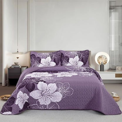DJY 3 Pieces Quilt Set King Dark Purple Floral Pattern Quilt Coverlet Set Elegant Boho Bedspread with 2 Pillow Cases Soft Microfiber Botanical Bedding Quilt Set for Teens Adults 104"x 90"