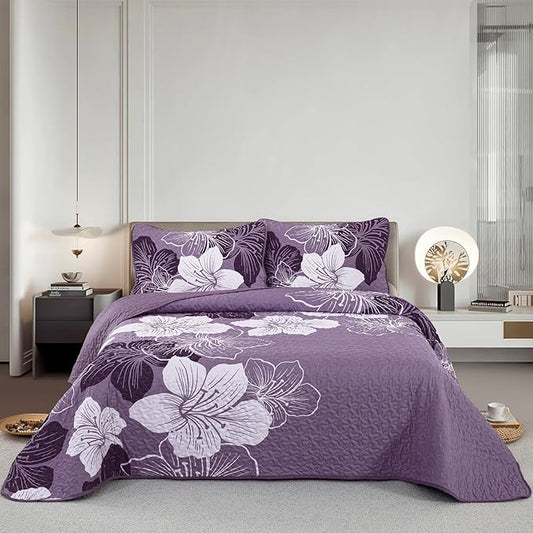 DJY 3 Pieces Quilt Set King Dark Purple Floral Pattern Quilt Coverlet Set Elegant Boho Bedspread with 2 Pillow Cases Soft Microfiber Botanical Bedding Quilt Set for Teens Adults 104"x 90"
