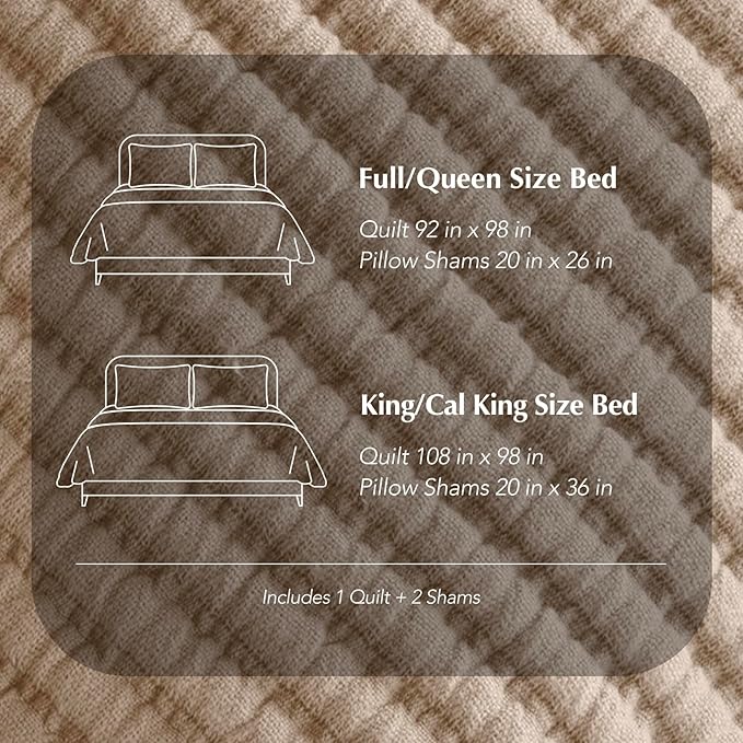EVERGRACEHOME Cotton Coverlet Set Full Queen Size 3 Pieces, Lightweight Soft Ribbed Matelassé Bedspread Quilt Set, Cozy Oversized Quilted Bedding Set with 2 Pillow Shams for All Seasons, Urban Taupe