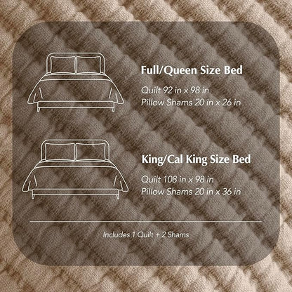 EVERGRACEHOME Cotton Coverlet Set Full Queen Size 3 Pieces, Lightweight Soft Ribbed Matelassé Bedspread Quilt Set, Cozy Oversized Quilted Bedding Set with 2 Pillow Shams for All Seasons, Urban Taupe