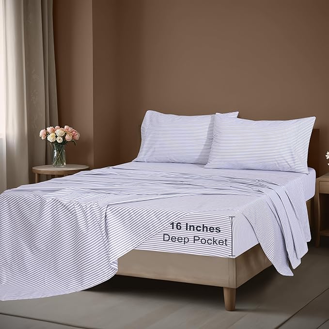 ZOYER 100% Cotton Sheets – Twin Size Percale Bedding, Cooling & Breathable, Durable with a Crisp, Soft & Comfortable Feel, 16" Deep Pocket, 3-Piece Set, Grey Stripe