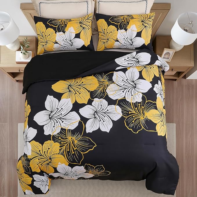 Menghomeus King Size Comforter Set Black/Gold Floral Bedding Comforter Sets Soft Microfiber Bed Comforter Set for All Season 3 Piece Botanical Flowers Comforter, Pillowcases