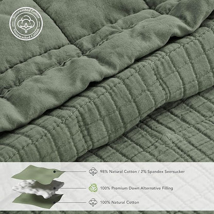 EVERGRACEHOME Stonewashed Cotton Quilt Set King Size, Ultra Soft Oversized Bedspread Coverlet Set, Lightweight Crinkle Box Stitch Bedding Sets for All Season, with 2 Shams, Olive Green