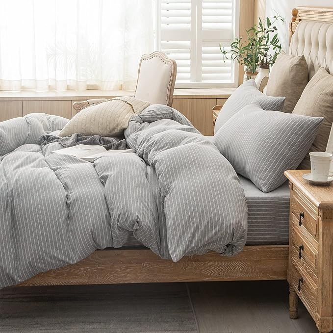 PURE ERA Jersey Knit Duvet Cover Set 100% T-Shirt Heather Cotton Super Soft Comfy Classic Striped Design, with Zipper Closure, Grey & White Pintripe, Queen