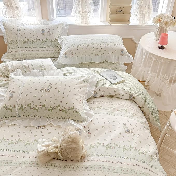 VM VOUGEMARKET Kids Comforter Set Full Size Cute Rabbit Down Comforter with Flower Leaves Pattern Reverisble Ruffle Lace Bedding Set for Teen Girls(Green,Full)