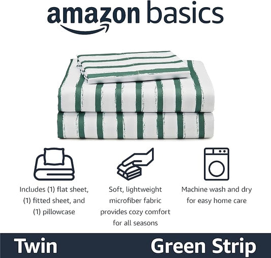 Amazon Basics Kid's Soft Easy-Wash Lightweight Microfiber 3-Piece Sheet Set, Twin, Green Stripes