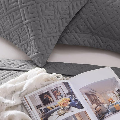 EXQ Home Quilt Set Full Queen Size Grey 3 Piece,Lightweight Soft Coverlet Squares Pattern Bedspread Set for All Season(1 Quilt,2 Pillow Shams)