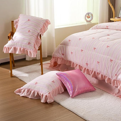 A Nice Night Rainbow Stripes & Bows Bedding Set,Ruffle 6 Piece Bed in a Bag Matching Sheet Set,Princess Style Chic Bow Printed,Light Pink Room Decor for Girls,Twin