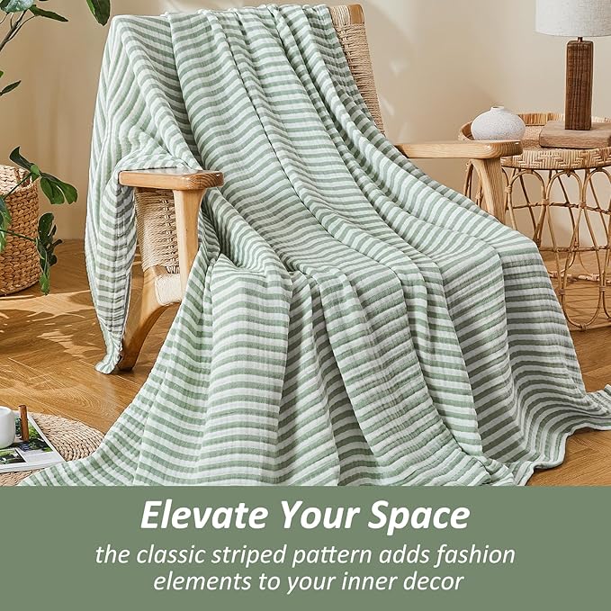 EMME Cotton Muslin Twin XL Blanket Breathable Gauze Soft Lightweight Adults Gifts for Women (Striped Sage Green, 66"x90")