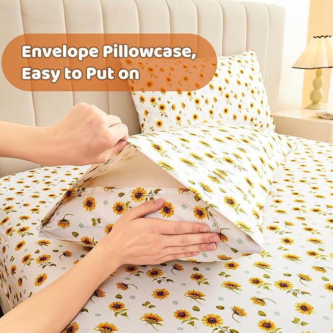 Softan Floral Sheet Set Full, Sunflower Printed Bed Sheets Double, Brushed Microfiber Fitted Sheet with 15" Deep Pocket & Non-Slip Straps, Yellow Flower Pattern Sheet & Pillowcase Sets