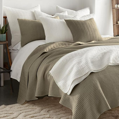 Levtex Home Mills Waffle Full/Queen Quilt Set (88x92in) with 2 Pillow Shams (26x20in) - Taupe - Cotton Waffle Full/Queen Size Quilt Bedding Set - Lightweight, Soft, Pre-Washed