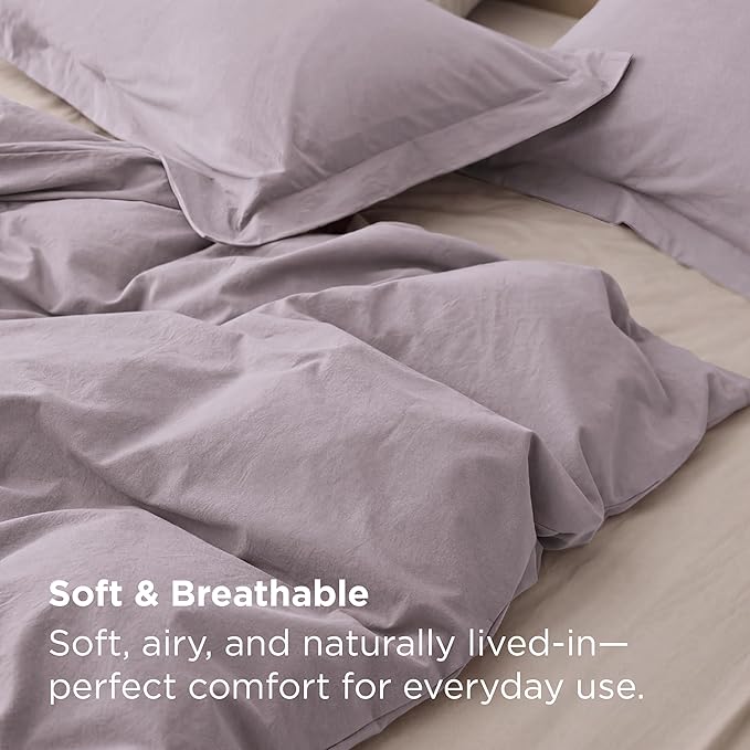 Bedsure 100% Washed Cotton Duvet Cover King Size - Lavender Minimalist Bedding Set Linen Like - PureWoven Plain Simple & Soft Comforter Cover for All Seasons (Lavender, King, 104"x90")