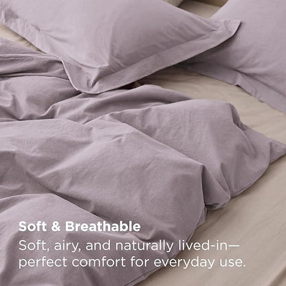 Bedsure 100% Washed Cotton Duvet Cover King Size - Lavender Minimalist Bedding Set Linen Like - PureWoven Plain Simple & Soft Comforter Cover for All Seasons (Lavender, King, 104"x90")