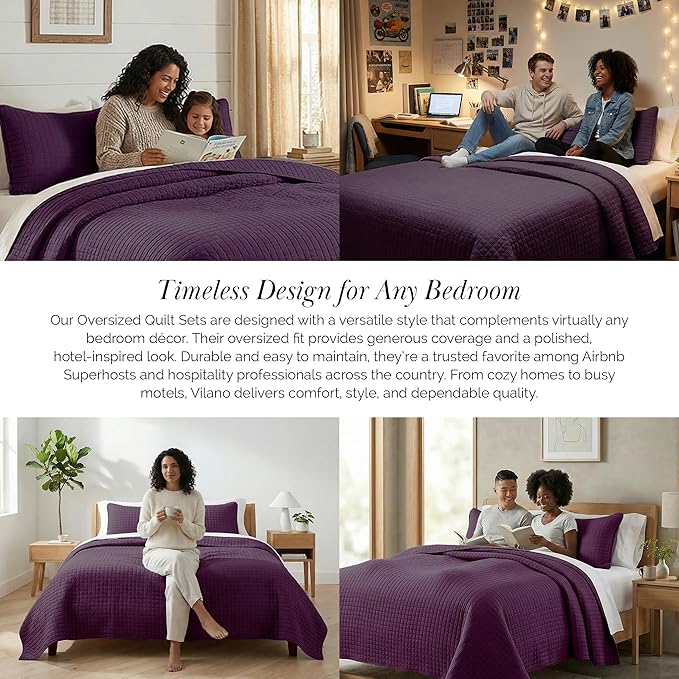 Southshore Fine Living, Inc. Oversized King Quilt Bedding Set, Soft Brushed Microfiber, Stain and Pet Hair Resistant Bedding, California/King Size Quilt Coverlet Bedspread Set w/2 Shams, Purple