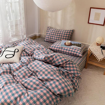 mixinni Plaid Duvet Cover Set King Purple - Soft Washed Cotton Modern Geometric Bedding Set with 2 Pillowcases, Pink Blue Gingham Grid King Duvet Cover for Men & Women, Soft & Lightweight