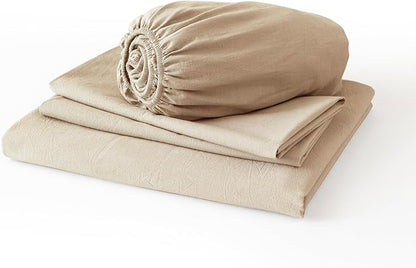 JIYUAN Queen Size Sheet Set, 4-Piece - 100% Washed Cotton, Linen-Like Soft & Breathable, Includes Deep Pocket Fitted & Flat Sheet with 2 Pillowcases, Hotel Quality, Heathered Tan