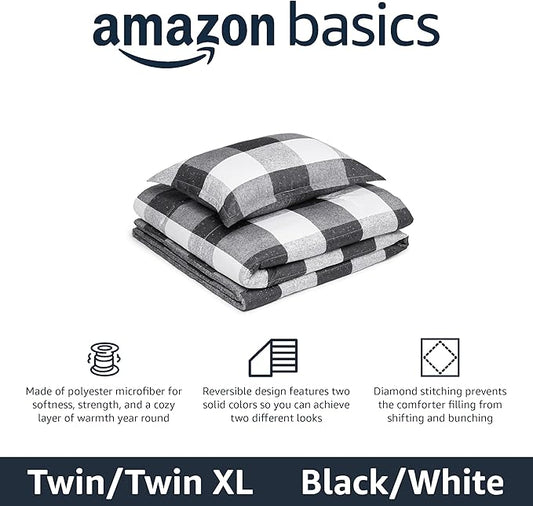Amazon Basics Lightweight Microfiber Comforter Set, 2-Piece, Twin/Twin XL, Black/White Checkerboard