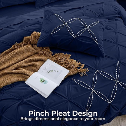 Sasttie Twin XL Comforter Set, 5-Piece Bed in a Bag, Pintuck Bedding Sets for All Season, Includes Comforter, Flat Sheet, Fitted Sheet, Pillowcase and Pillowsham, Navy