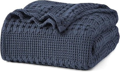 PHF 100% Cotton Waffle Weave Blanket Queen Size for Bed, Soft Lightweight & Breathable for Spring and Summer, All-Season Comfort, Luxury Aesthetic Blanket for Home Decor, 90"x90", Indigo
