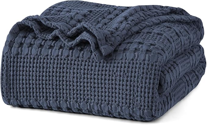 PHF 100% Cotton Waffle Weave Blanket King Size for Bed, Soft Lightweight & Breathable for Spring and Summer, All-Season Comfort, Luxury Aesthetic Blanket for Home Decor, 108"x90", Indigo