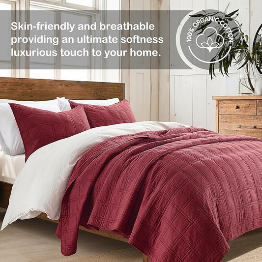 HORIMOTE HOME 100% Cotton Quilt Set King Size, Burgundy Red Pre-Washed Bedspreads Coverlet Set in Geometric Pattern, Cozy Lightweight Stitching Decorative Bedding Cover with 2 Shams for All Season