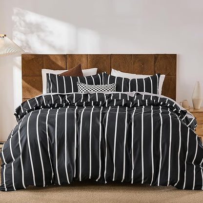 Merryword Black and White Striped Duvet Cover Set King Size - 100% Cotton Bedding Set 3 Pieces, Soft Breathable Comforter Cover with Pillowcases, Minimalist Chic Aesthetic Bedding Set for All Seasons