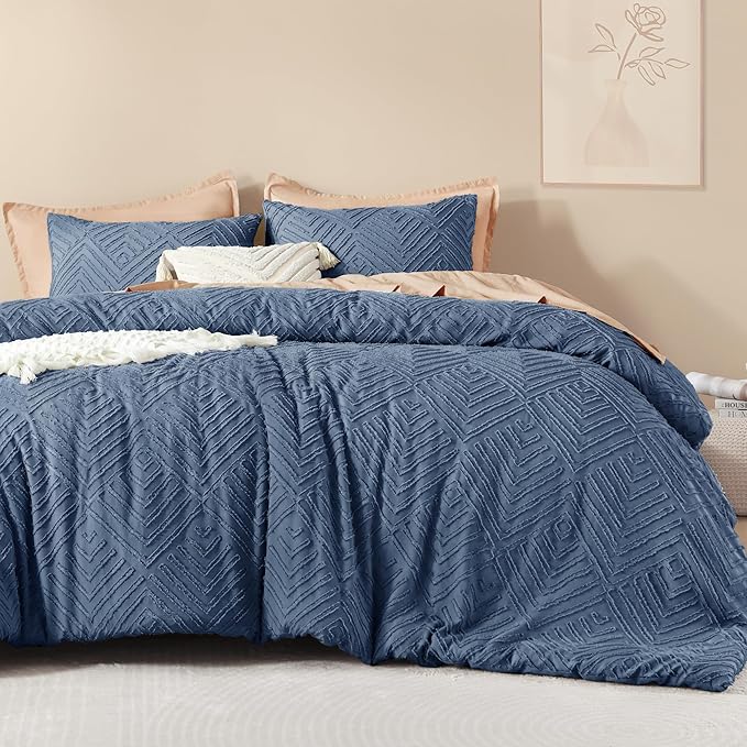 Litanika Ocean Blue King Size Comforter Set, 3 Pieces Tufted Boho Farmhouse Bedding Comforter Sets, Lightweight Fluffy Comforter Bed Set for All Season (104x90In Comforter and 2 Pillowcases)