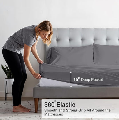 RUVANTI 100% Organic Cotton Sheets Queen Size, Percale Weave, GOTS Certified, 4-Piece Set, Deep Pocket 15", Crisp & Breathable, Soft Durable Bedding, Sábanas Algodón Orgánico – Silver Filigree