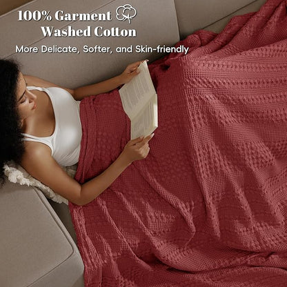PHF 100% Cotton Waffle Weave Blanket Twin Size for Bed, Soft Lightweight & Breathable for Spring and Summer, All-Season Comfort, Luxury Aesthetic Blanket for Home Decor, 66"x90", Wine Red
