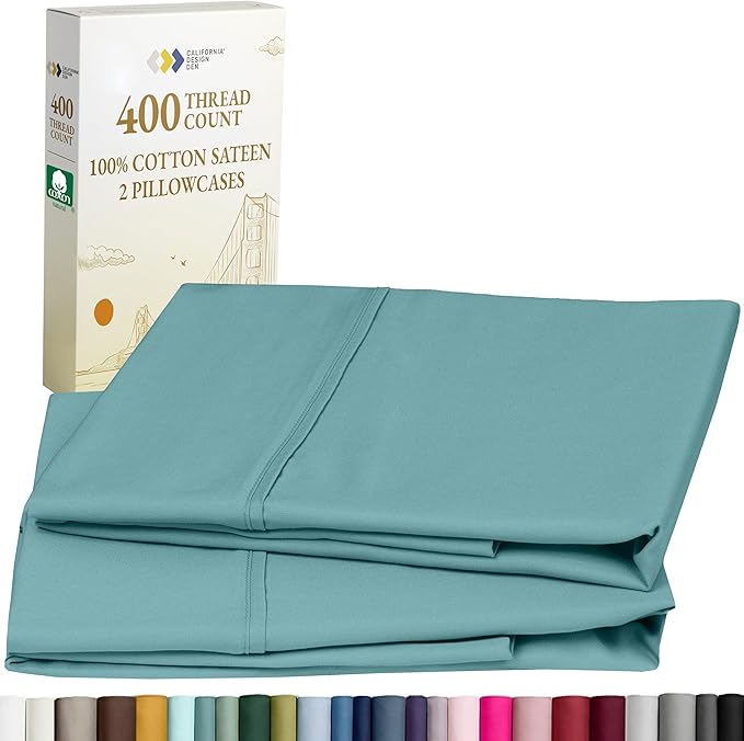 California Design Den Standard Queen Size Pillowcase Set - 400 Thread Count, 100% Cotton Sateen, Set of 2 Pillow Covers, Soft and Breathable - Teal