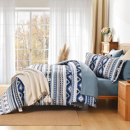 Dinjoy Navy Boho Comforter Set Queen Size,7 Pieces Bed in a Bag Queen Dark Blue Aztec Bedding with Sheets Bohemian Geometric Striped Complete Set for Fall Winter 90"x90"