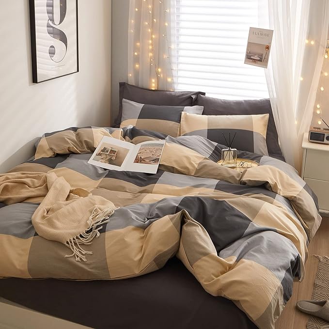 EAVD Twin XL Comforter Set Boys Beige Khaki Black Grid Plaid Comforter Set Soft Microfiber Modern Checkered Bedding Set with 2 Pillowcases Reversible Geometric Comforter Set for All-Season