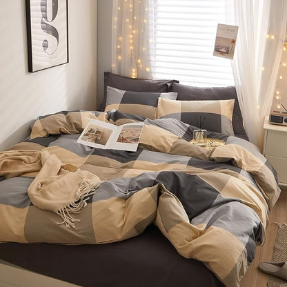 EAVD Twin XL Comforter Set Boys Beige Khaki Black Grid Plaid Comforter Set Soft Microfiber Modern Checkered Bedding Set with 2 Pillowcases Reversible Geometric Comforter Set for All-Season