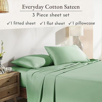 California Design Den 12" Pocket Sheets Twin Size Bed Set - Natural 100% Cotton Bed Sheets, Soft Sateen Weave, All Around Elastic, Breathable and Durable Bedding - Frosty Green