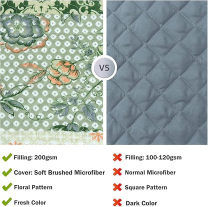 Cmfshape Summer Floral Queen Quilted Bedspread,Romantic Green Quilt Set,Reversible Stitched Bedding Cover All Season,Soft Lightweight Coverlet with Pillow Cases (Green&White, Queen90 x90)