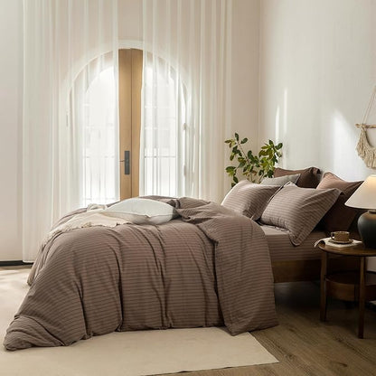 Stripe Duvet Cover King Size 104inch x 90inch,100% Washed Cotton Pinstripe Duvet Cover with Zipper Closure and 2 Pillowcases, Color of Light Brown-Black Stripe