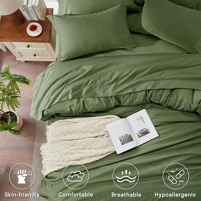 Anluoer Twin Comforter Set 5 Pieces, Olive Green Bed in a Bag with Sheets, All Season Bedding Sets with 1 Comforter, 1 Pillow Sham, 1 Pillowcase, 1 Flat Sheet, 1 Fitted Sheet