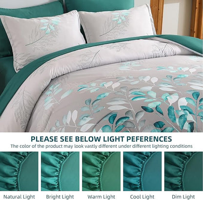 Anibedding 7 Pieces Teal Green King Bed in a Bag Set, Green Botanical Gradient Leaves Ultra Soft Microfiber Down Alternative Bedding Set with Sheets and Bedroom for All Season
