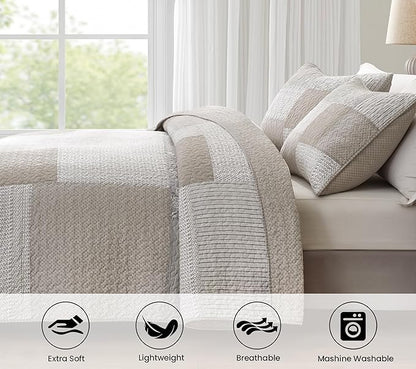 Chezmoi Collection Quinn 3-Piece Neutral Taupe Gray White Floral Hibiscus Flower Candy Stripe Patchwork Quilt Set - Pre-Washed Cotton Coverlet - Lightweight Reversible Bedspread, Queen Size