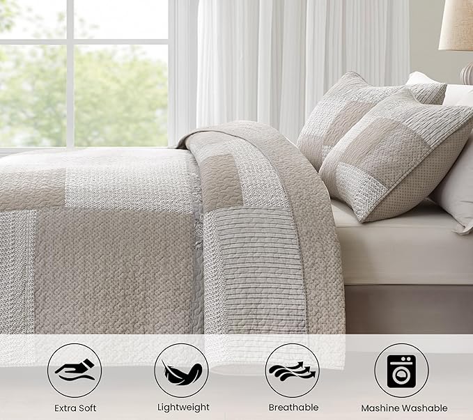 Chezmoi Collection Quinn 2-Piece Neutral Taupe Gray White Floral Hibiscus Flower Candy Stripe Patchwork Quilt Set - Pre-Washed Cotton Coverlet - Lightweight Reversible Bedspread, Twin Size