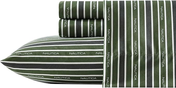 Nautica - Full Sheet Set, Breathable & Cooling Microfiber Bedding with Matching Sham(s), Casual Home Decor (Varadero Typeface Green, Full)