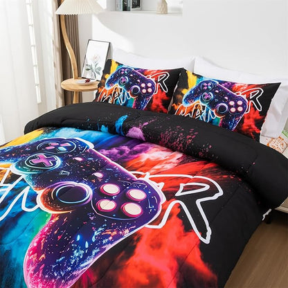 Aimuan Gamer Gaming Bedding Sets 3D Gamepad Comforter Sets for Boys Games Console Action Buttons Novelty Colorful Game Controller Modern Room Decor Home Quilt Set (Black-Purple, Twin)