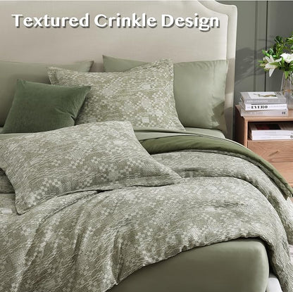 MaiRêve Full Size Comforter Set Olive Green, Crinkle Textured Design Bedding Set 7 Pieces Bed in A Bag, All Season Farmhouse Comforter Set with Sheets, Pillowcases & Shams