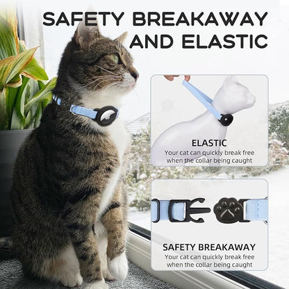 AirTag Cat Collars, Stretchy Collar with Air Tag Holder and Bell | Breakaway - Ultra Design Elastic - GPS Tracking Collars - Adjustable Size for Cats & Puppies 7.5-12.5" - (Blue)