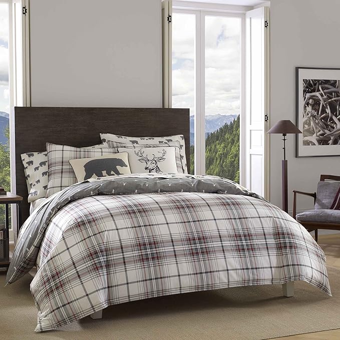Eddie Bauer - Twin Comforter Set, Reversible Bedding with Matching Sham, Medium-Weight for Year Round Use, Dorm Essentials (Alder Grey/Red)